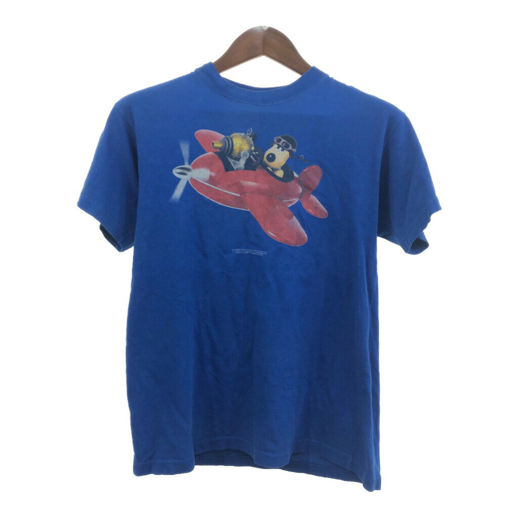 90年代 WALLACE GROMIT ウォレスとグルミット 半袖Tシャツ アニメT キャラクター ブルー (レディース 12) 中古 古着 Q6176