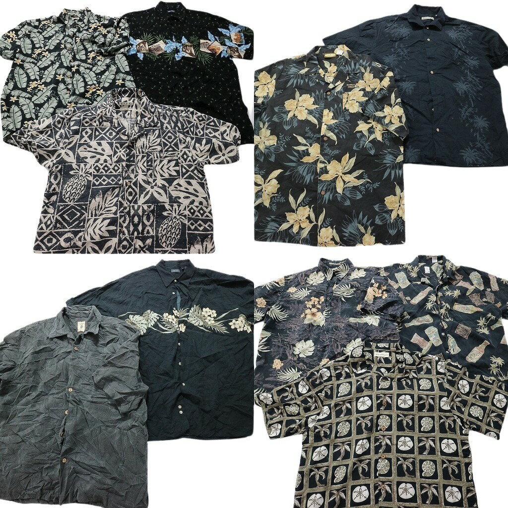 古着卸 まとめ売り 黒ボディ アロハシャツ 半袖シャツ 10枚セット (メンズ L ) パイナップル リーフ柄 ハイビスカス MT2999