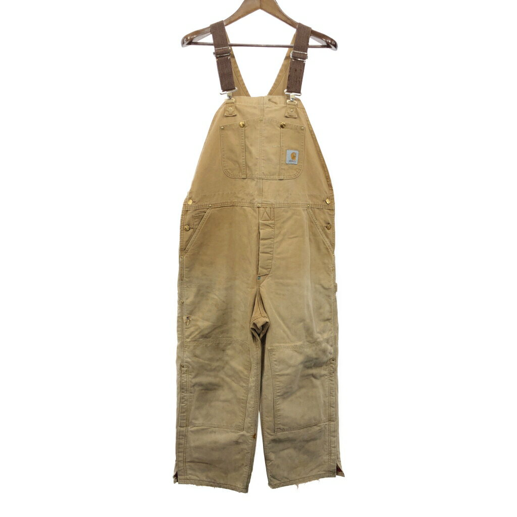 90年代 Carhartt カーハート ダック ダブルニー ビブオーバーオール ワーク 大きいサイズ ベージュ (メンズ 40×28相当) 中古 古着 Q9223