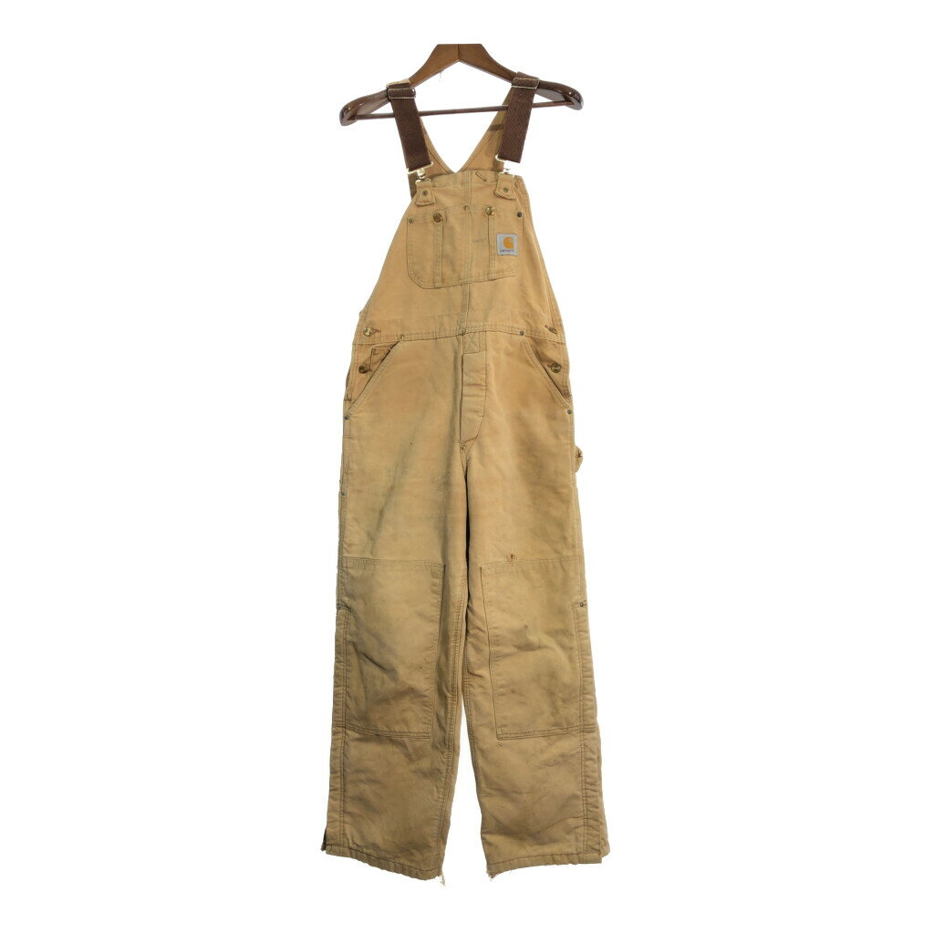 90年代 USA製 Carhartt カーハート ダック ダブルニー ビブオーバーオール ベージュ (メンズ W34 L30) 中古 古着 R0801