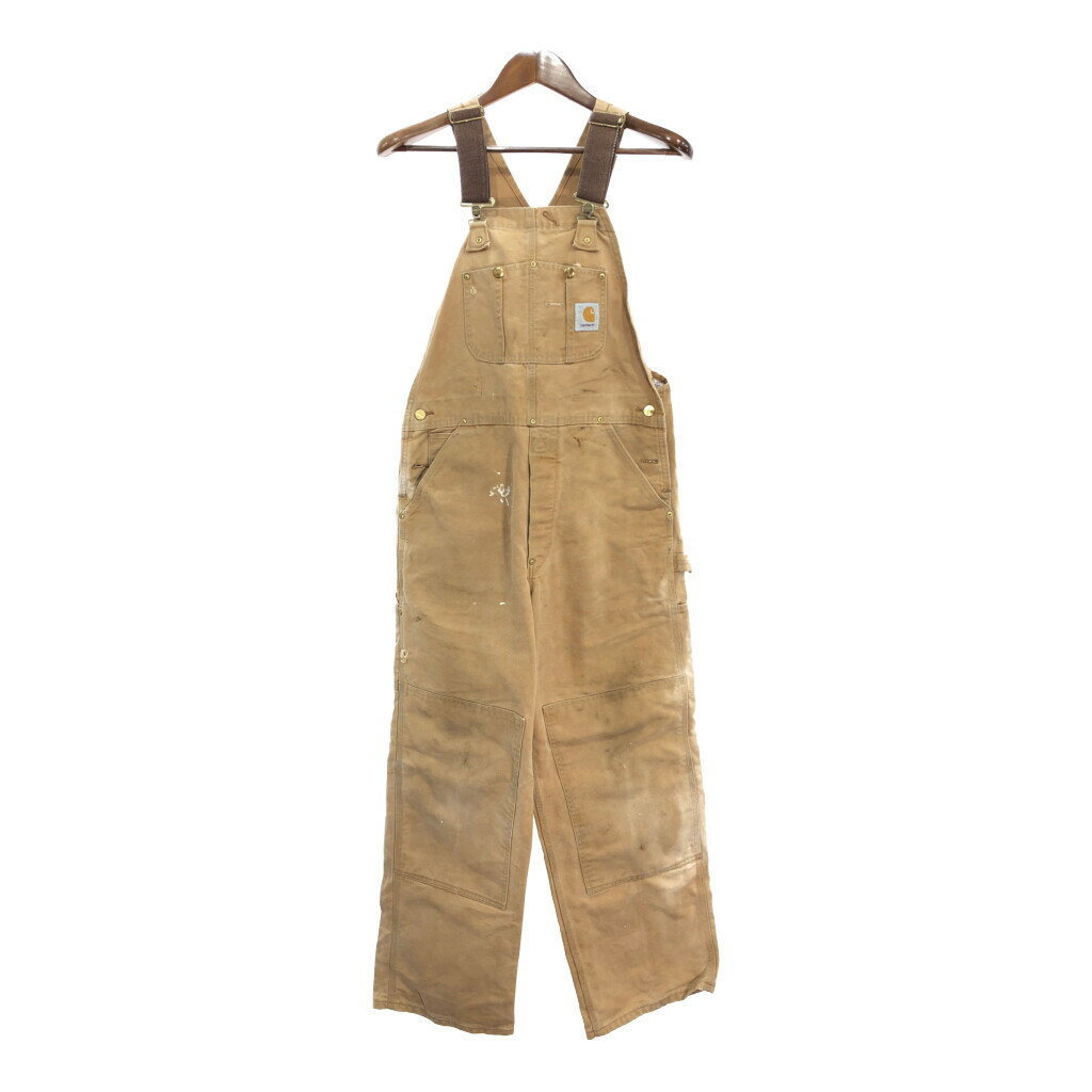 90年代 USA製 Carhartt カーハート ダック ダブルニー ビブオーバーオール ライトブラウン (メンズ W34 L30) 中古 古着 R1517