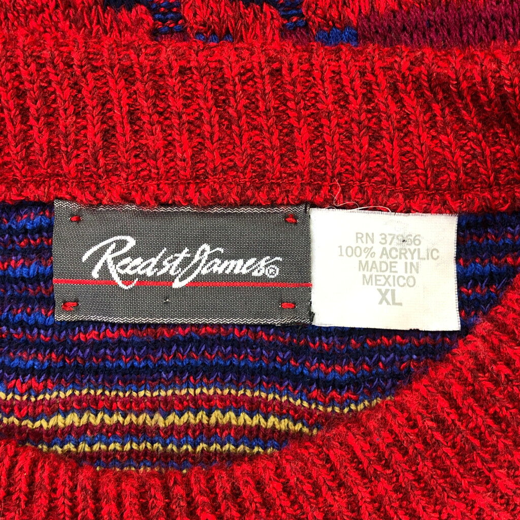 Reed st James アクリルセーター ブロックチェック レッド (メンズ XL) 中古 古着 R2638