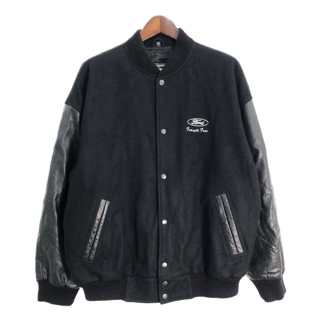 BURK'S BAY ウール レザー スタジアムジャケット 企業ロゴ ブラック (メンズ XL) 中古 古着 R4440