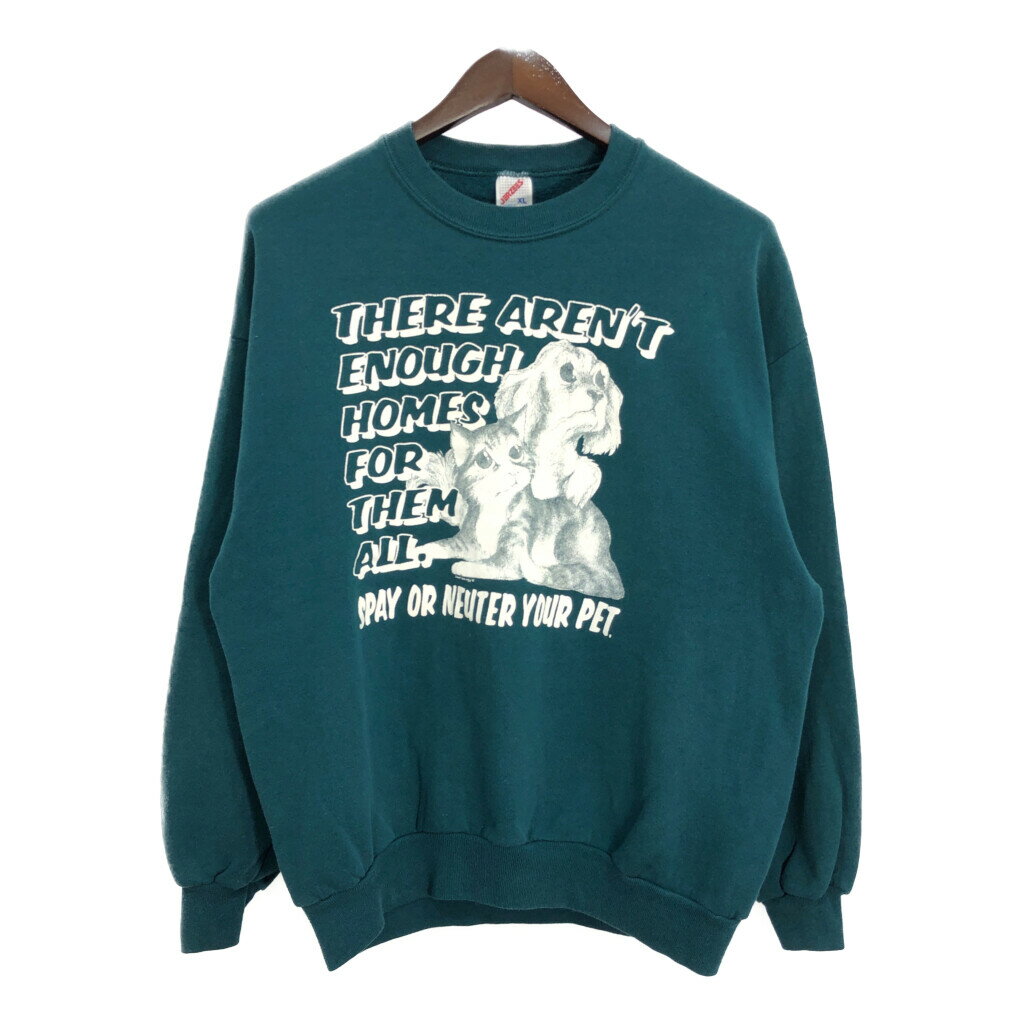 90年代 USA製 JERZEES ジャージーズ アニマルプリント 犬 猫 スウェット グリーン (メンズ XL) 中古 古着 R6798のサムネイル