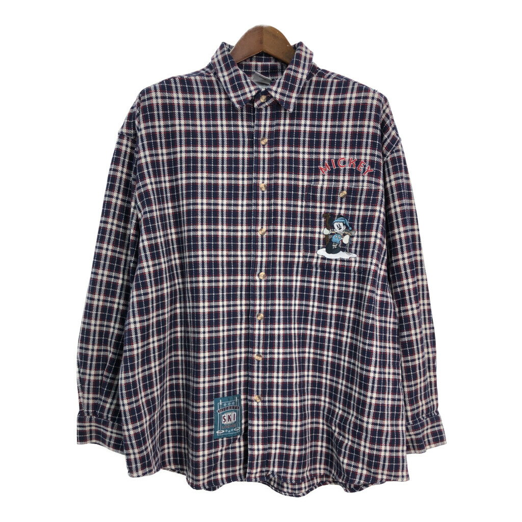 90年代 Disney ディズニー THE DISNEY CATALOG ミッキーマウス 長袖シャツ チェック キャラクター ネイ..