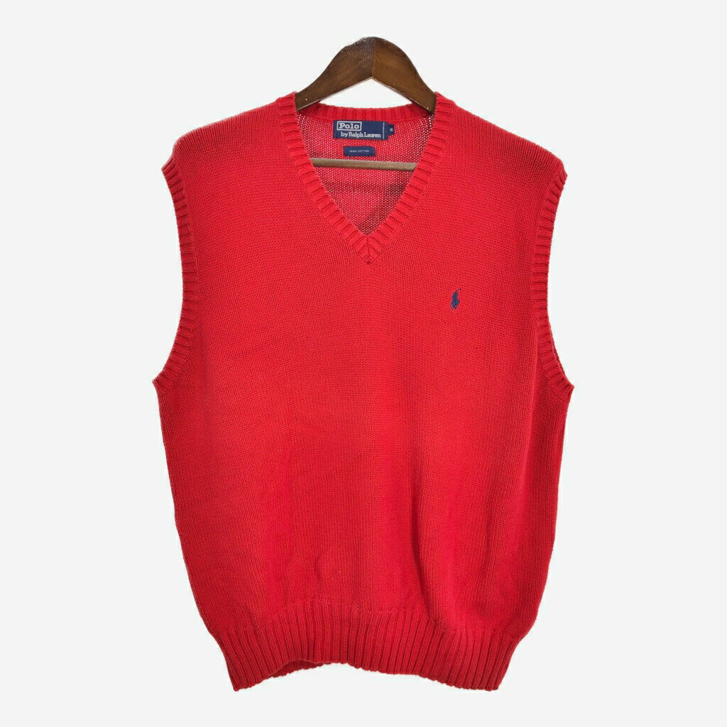 90年代 Polo by Ralph Lauren ポロ ラルフローレン コットン ニット ベスト ワンポイントロゴ レッド (メンズ XL) 中古 古着 S0293