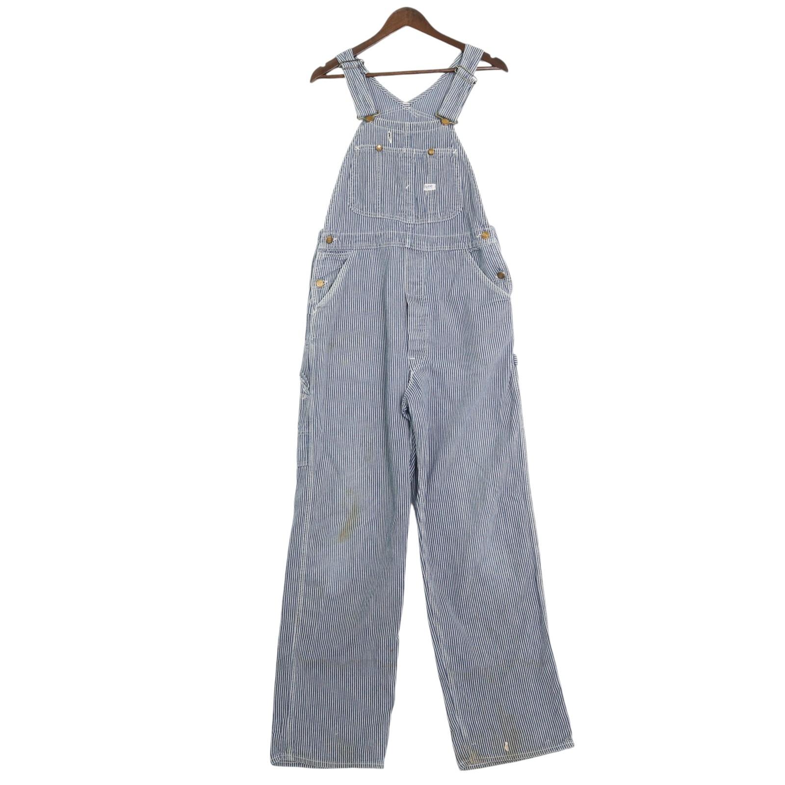80年代 USA製 Lee リー オーバーオール ワーク ヒッコリーストライプ ブルー (メンズ W35 L31相当) 中古 古着 A2054