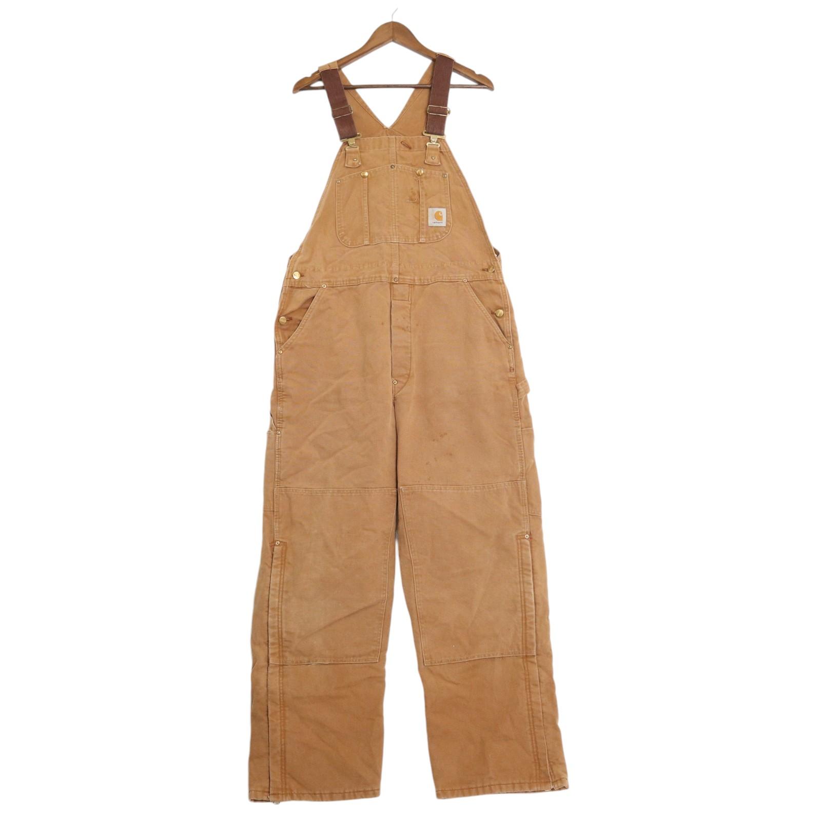 80年代 USA製 Carhartt カーハート ダック ダブルニー ビブオーバーオール 大きいサイズ ブラウン (メンズ W38 L32) 中古 古着 A2092