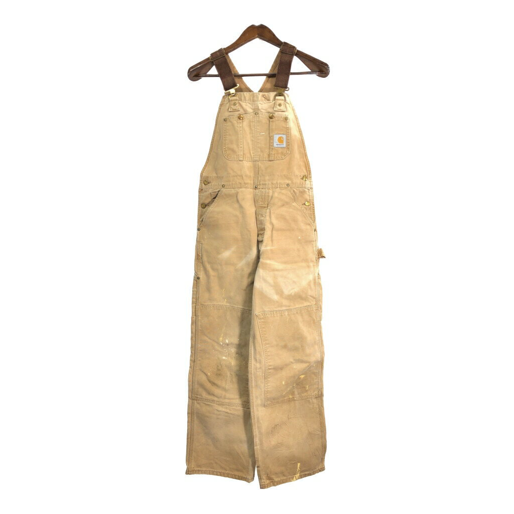 00年代 USA製 Carhartt カーハート オーバーオール ワンポイントロゴ ライトブラウン (メンズ) 中古 古着 S2222