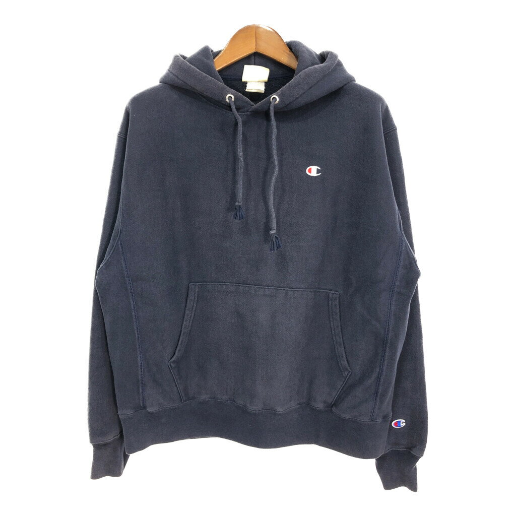 Champion チャンピオン REVERSE WEAVE リバースウィーブ スウェット パーカー ワンポイントロゴ ネイビー (メンズ LARGE) 中古 古着 S2400