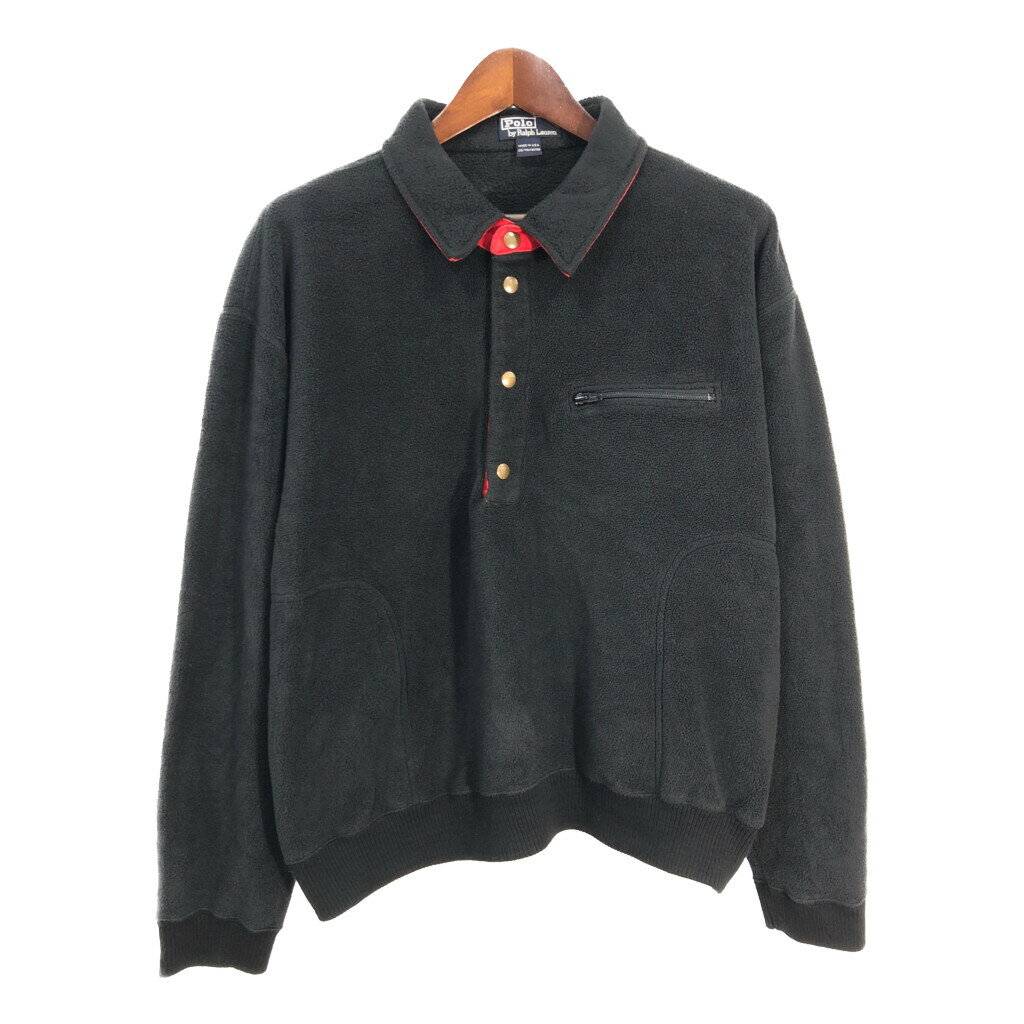 90年代 USA製 Polo by Ralph Lauren ポロ ラルフローレン ハーフスナップ フリースジャケット ブラック (メンズ L) 中古 古着 S5411