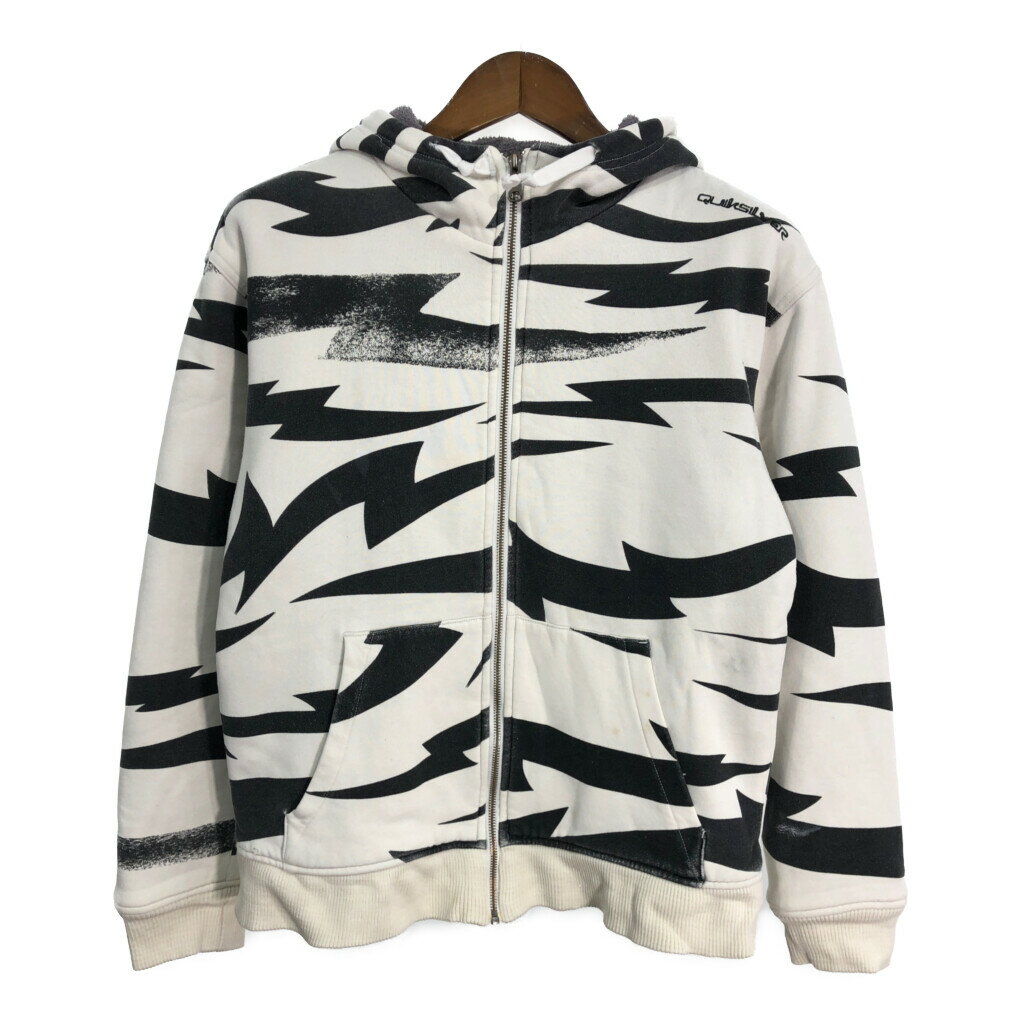 Quiksilver クイックシルバー スウェット フルジップ パーカー 総柄 ホワイト (メンズ M) 中古 古着 S6017