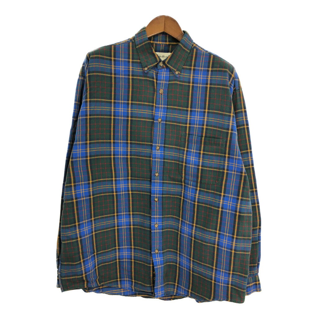 90年代 Eddie Bauer エディーバウアー ボタンダウン 長袖シャツ アウトドア タータンチェック ブルー (メンズ XL) 中古 古着 S6289
