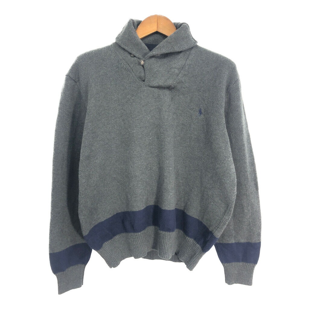 90年代 Polo by Ralph Lauren ポロ ラルフローレン ショールカラー コットン ニット セーター グレー (メンズ XL) 中古 古着 S8302