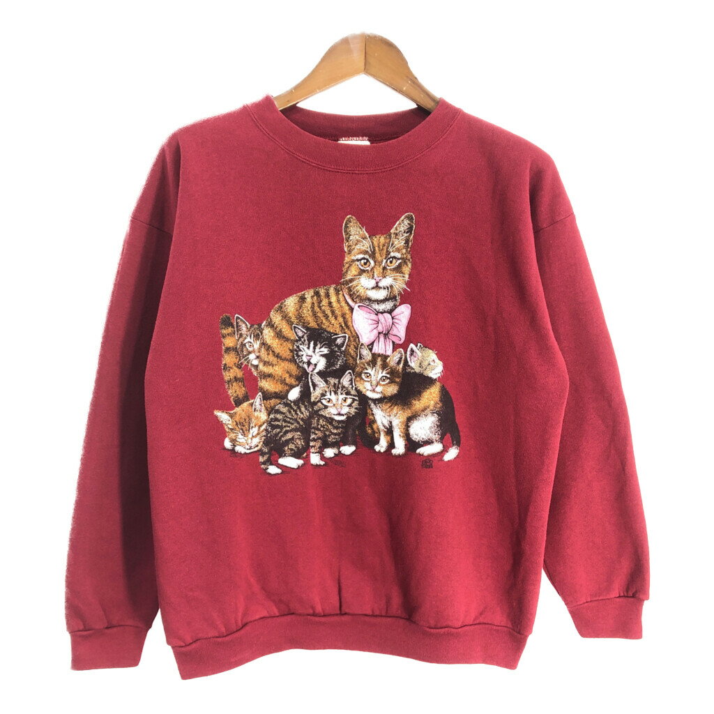 Collaboration - COTTON GROVE アニマルプリント 猫 スウェット レッド (メンズ L) 中古 古着 S8342