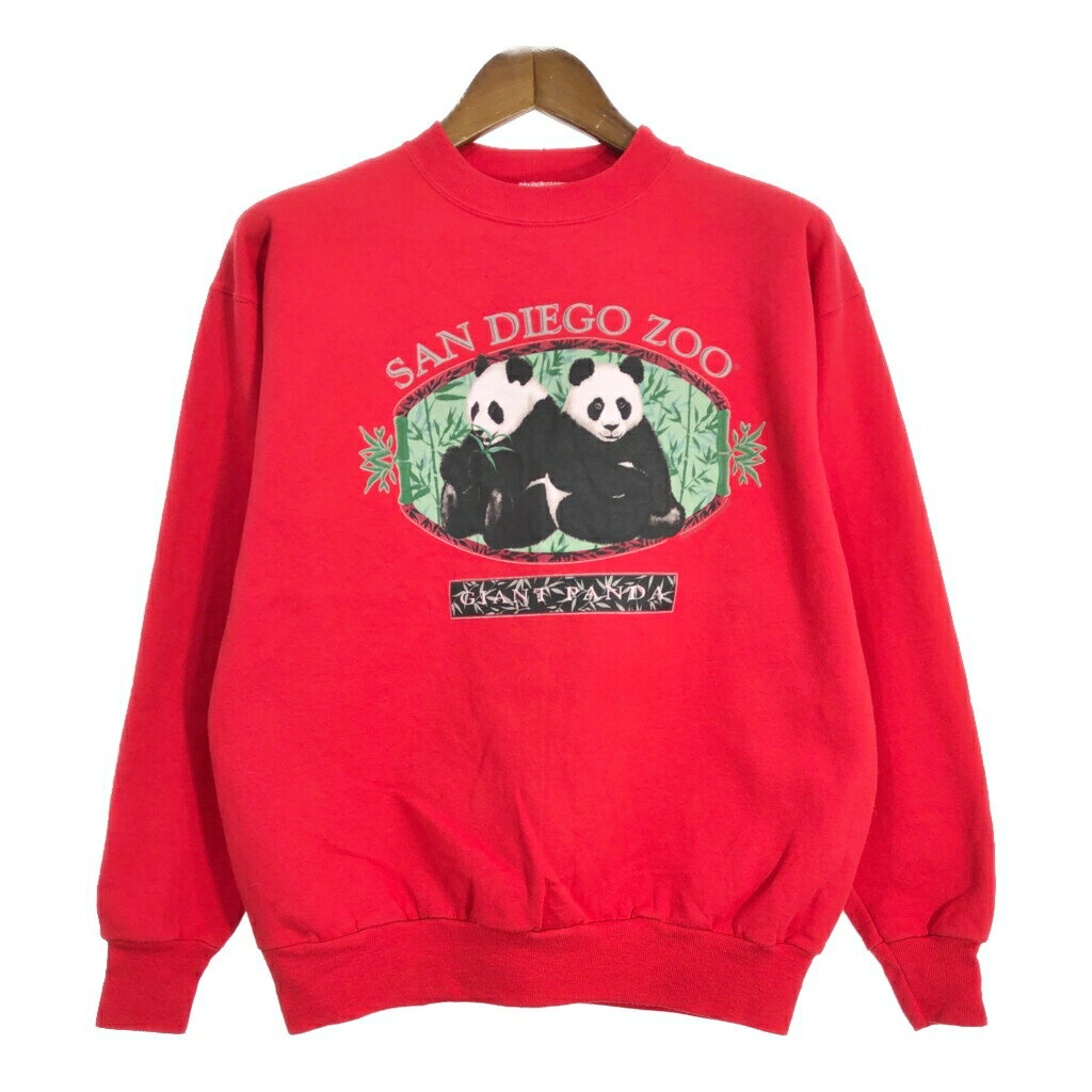 90年代 Hanes ヘインズ アニマルプリント パンダ スウェット レッド (メンズ M) 中古 古着 S8514