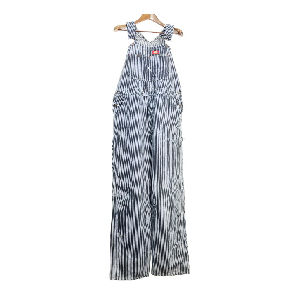 Dickies ディッキーズ ヒッコリーストライプ オーバーオール ワーク ブルー (メンズ W34 L32) 中古 古着 S8765