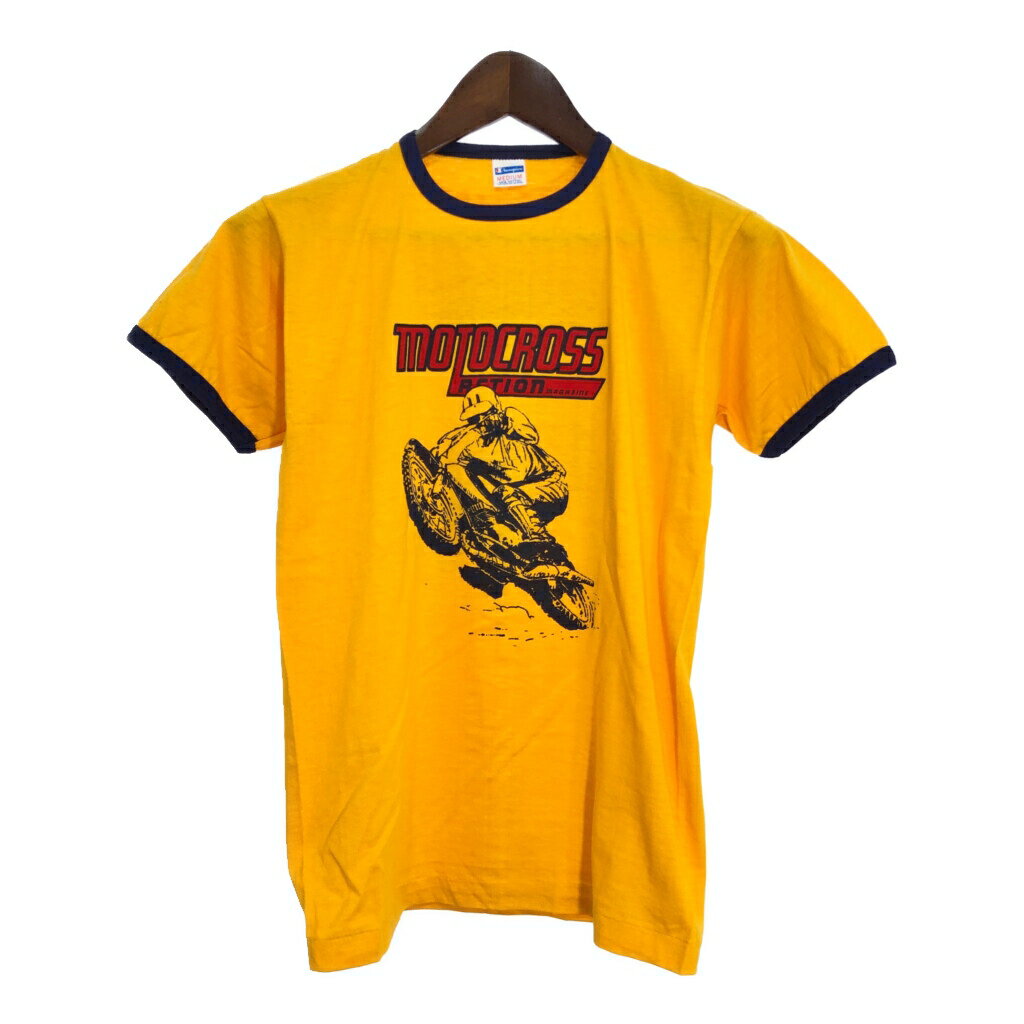 70年代 USA製 Champion チャンピオン リンガーTシャツ ヴィンテージ モーターサイクル イエロー (メンズ MEDIUM) 中古 古着 T0166