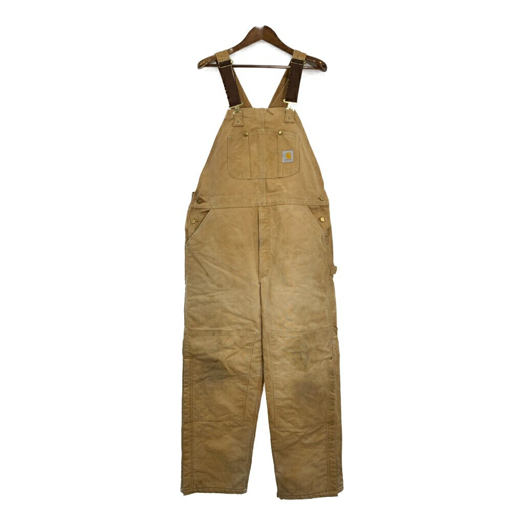 90年代 USA製 Carhartt カーハート ダック ダブルニー ビブオーバーオール 大きいサイズ ライトブラウン (メンズ W42 L32) 中古 古着 T0308