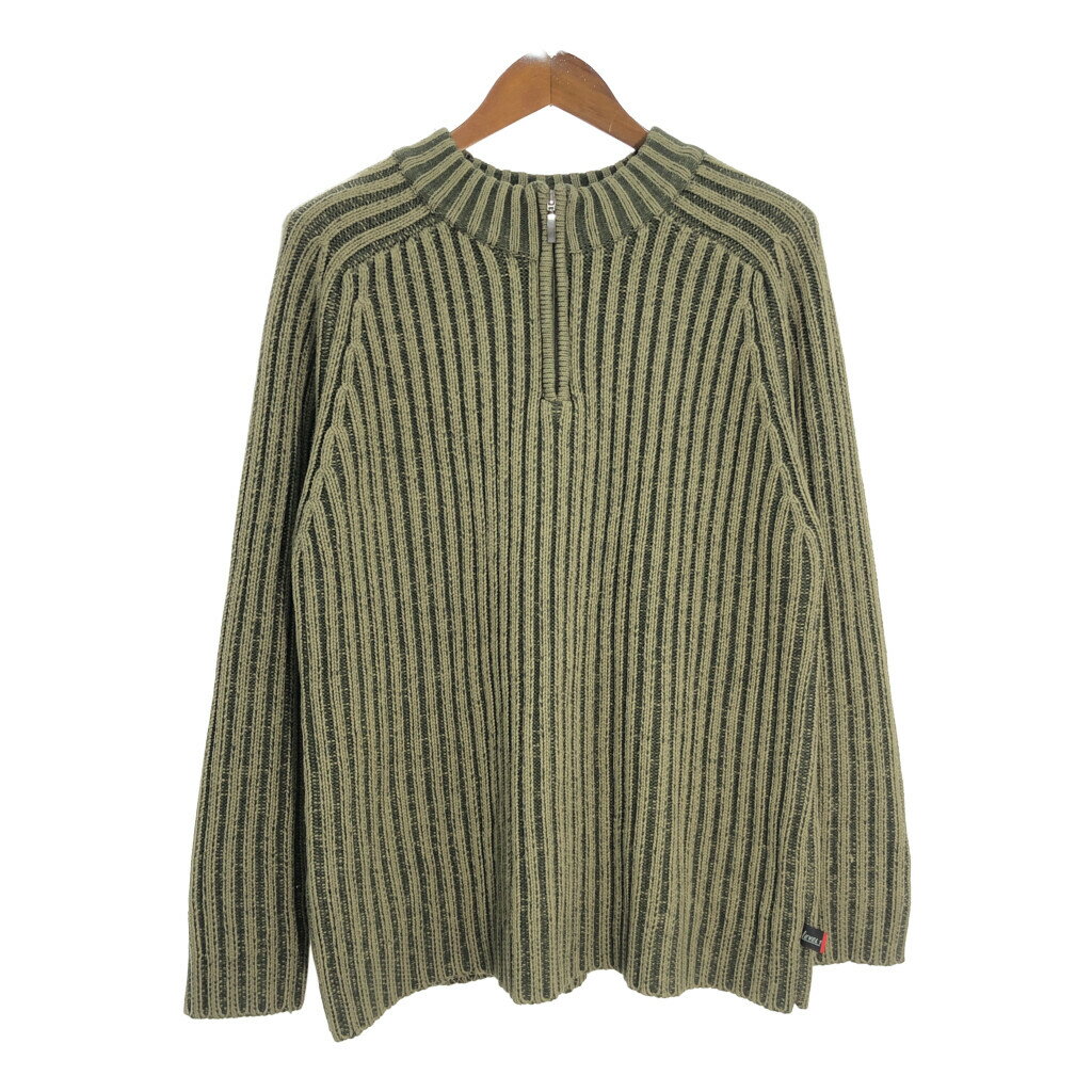 LEVEL1 ハーフジップ リブニット アクリルセーター カーキ (メンズ XL) 中古 古着 T0736