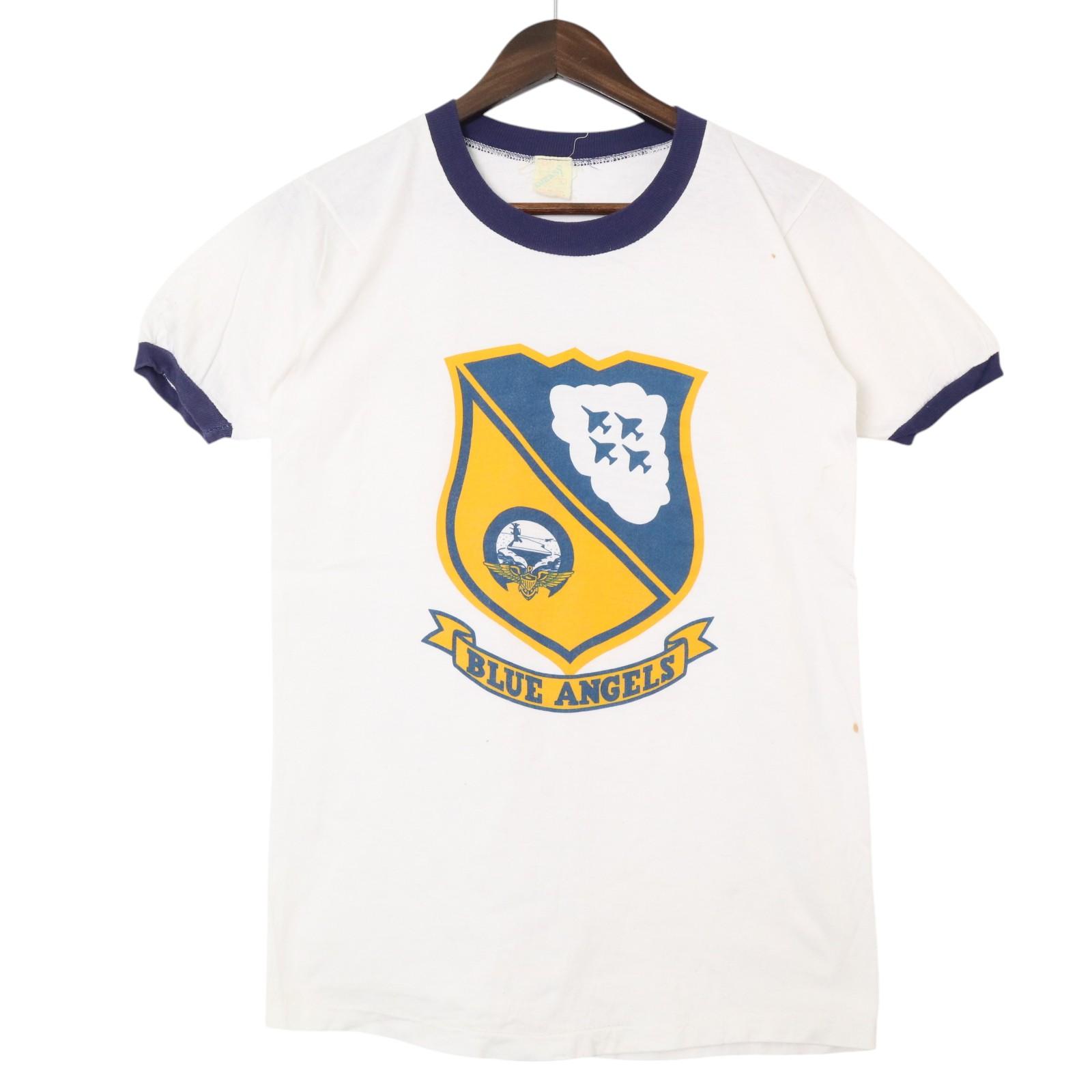 80年代 FANTASY U.S. NAVY BLUE ANGELS リンガーTシャツ ミリタリー ホワイト (メンズ L) 中古 古着 A4..