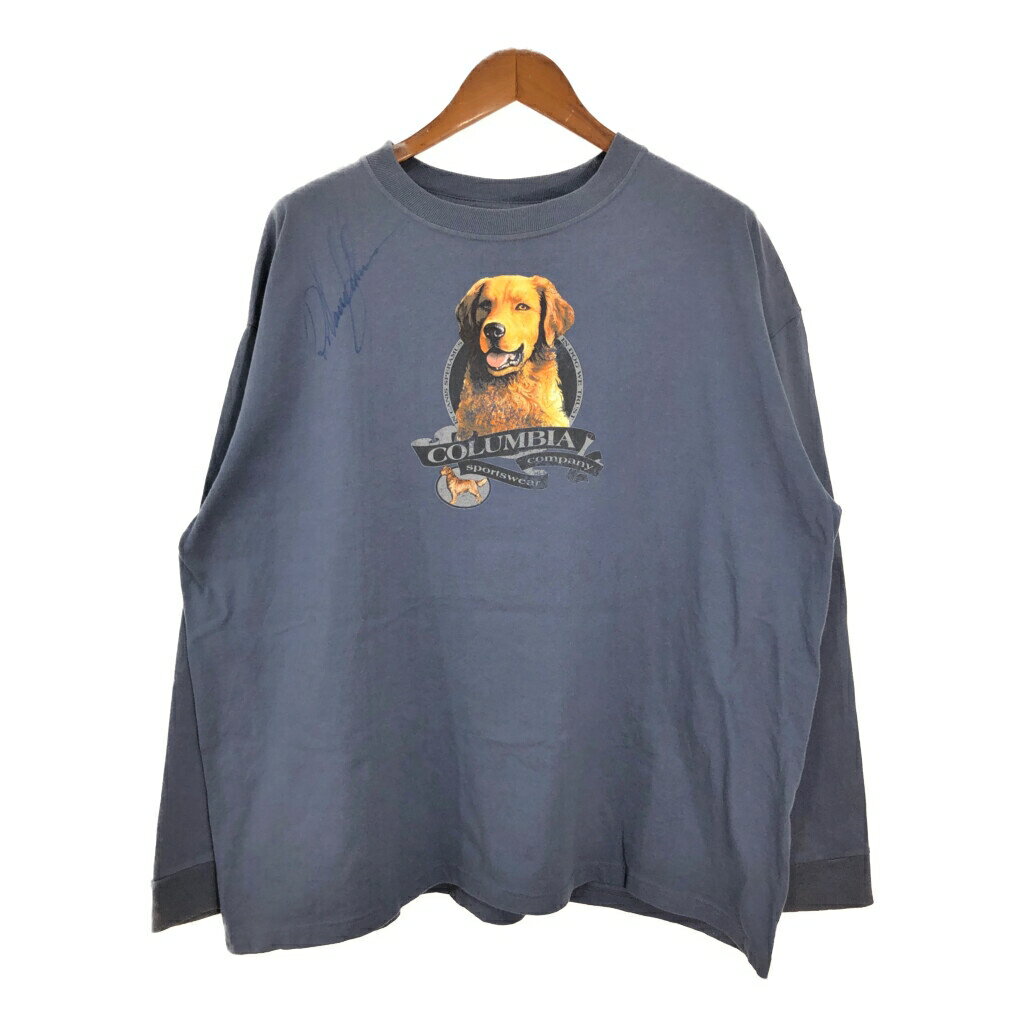 00年代 Columbia コロンビア アニマルプリント 犬 長袖Tシャツ アウトドア 大きいサイズ ネイビー (メンズ XXL) 中古 古着 T4369