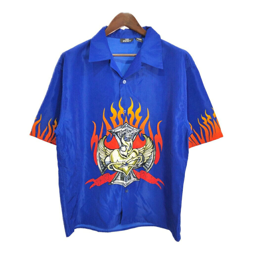 CITY IMPACT オープンカラー 半袖シャツ ファイヤーパターン ブル-(メンズ XL)中古 古着 T4538