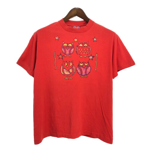 90年代 USA製 フクロウ イラスト 半袖Tシャツ レッド (メンズ L) 中古 古着 T4862 90年代 USA製 フクロウ イラスト 半袖Tシャツ レッド (メンズ L) 中古 古着 T4862