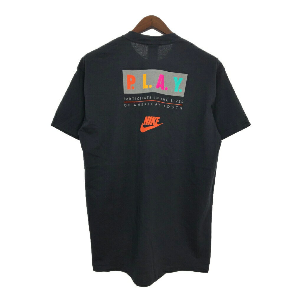 90年代 USA製 NIKE ナイキ P.L.A.Y. 半袖Tシャツ スポーツ ブラック(メンズ XL)中古 古着 T7173