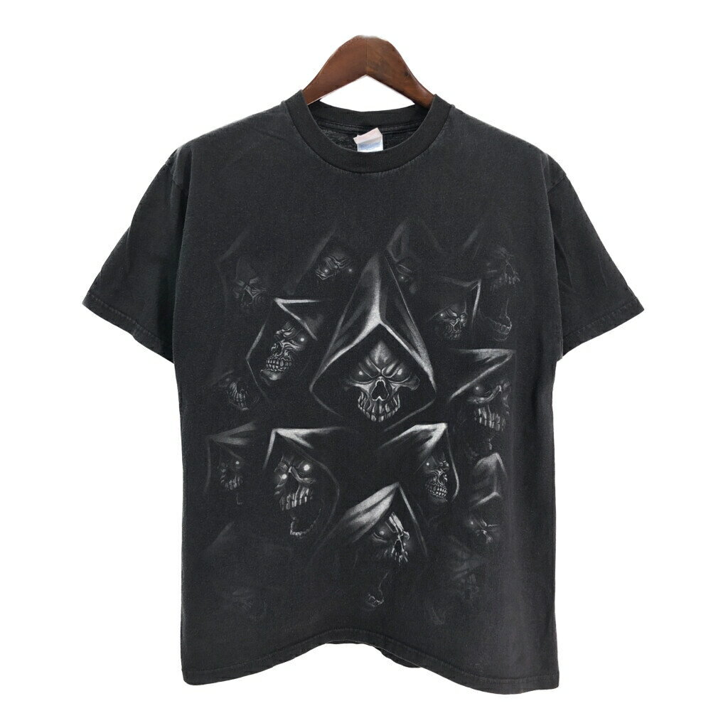 大判プリント スカル 半袖Tシャツ ブラック(メンズ L)中古 古着 T7437