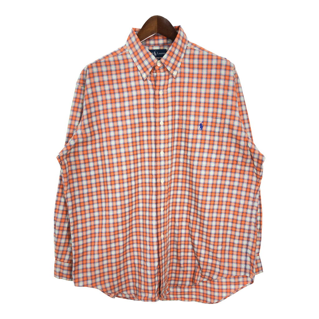 樂天商城 - RALPH LAUREN ラルフローレン BLAKE 長袖ボタンダウンシャツ チェック オレンジ(メンズ L)中古 古着 T7787