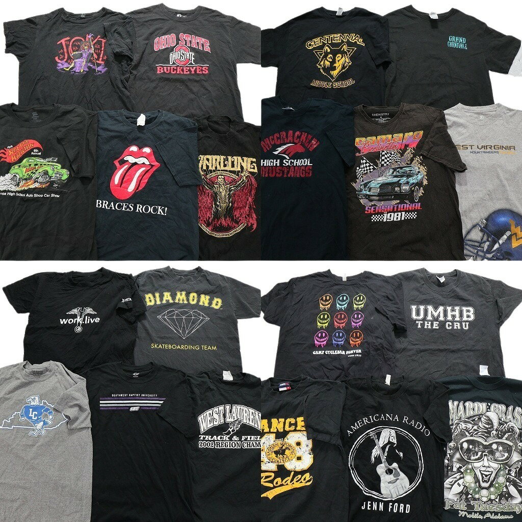 古着卸 まとめ売り 黒・グレー ボディ プリント 半袖Tシャツ 20枚セット (メンズ M ) レーシング カレッジ風 中古 古着 MZ6847
