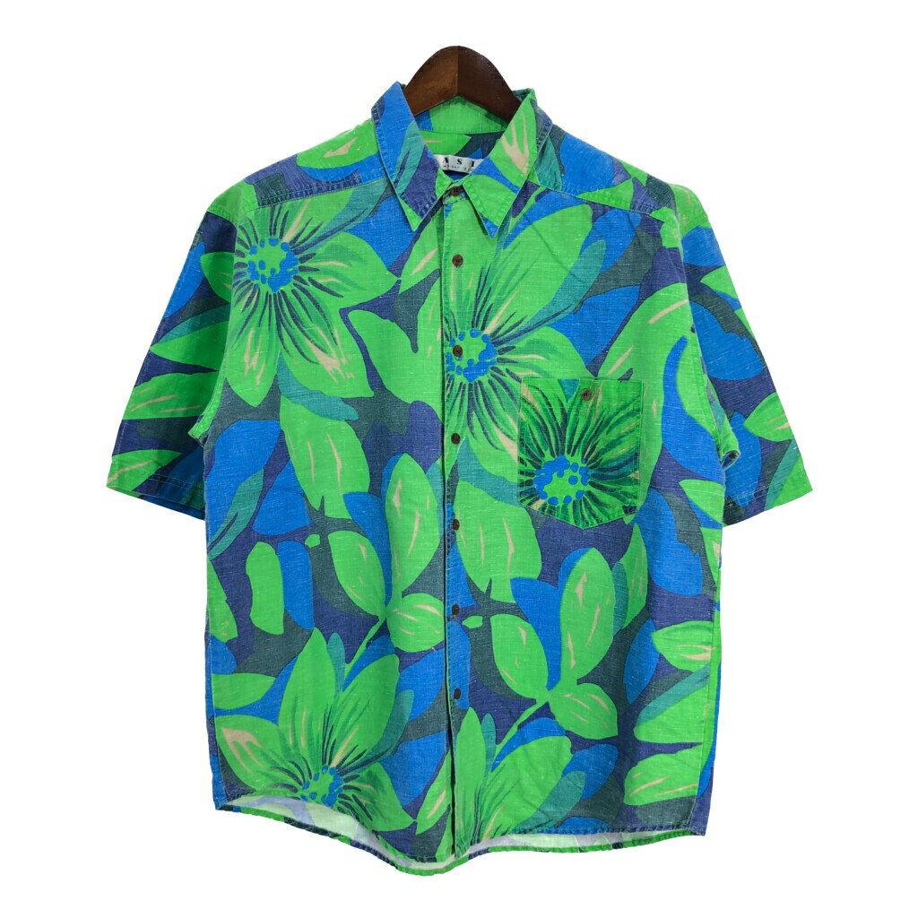 90年代 BASIX リネンシャツ 総柄 マルチカラー(メンズ L)中古 古着 U0210