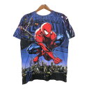MARVEL マーベル スパイダーマン SPIDERMAN オールオーバープリント Tシャツ ムービー ブルー(メンズ L)中古 古着 U1664