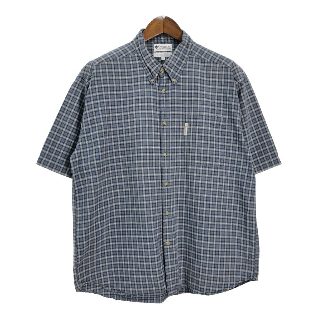 90年代 Columbia コロンビア ボタンダウン 半袖シャツ アウトドア チェック ブルー(メンズ XL)中古 古..