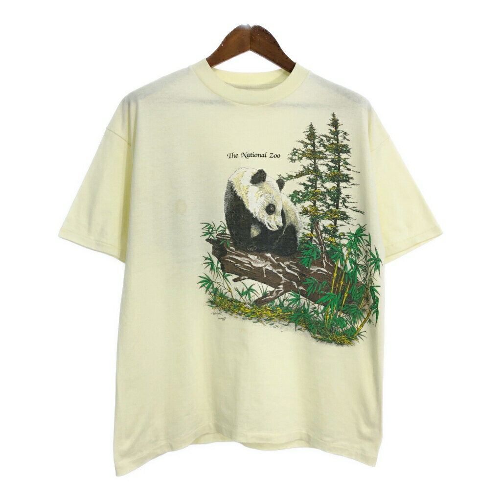 80年代 USA製 Harlequin アニマルプリント パンダ 半袖Tシャツ アイボリー(メンズ X-LARGE)中古 古着 U..