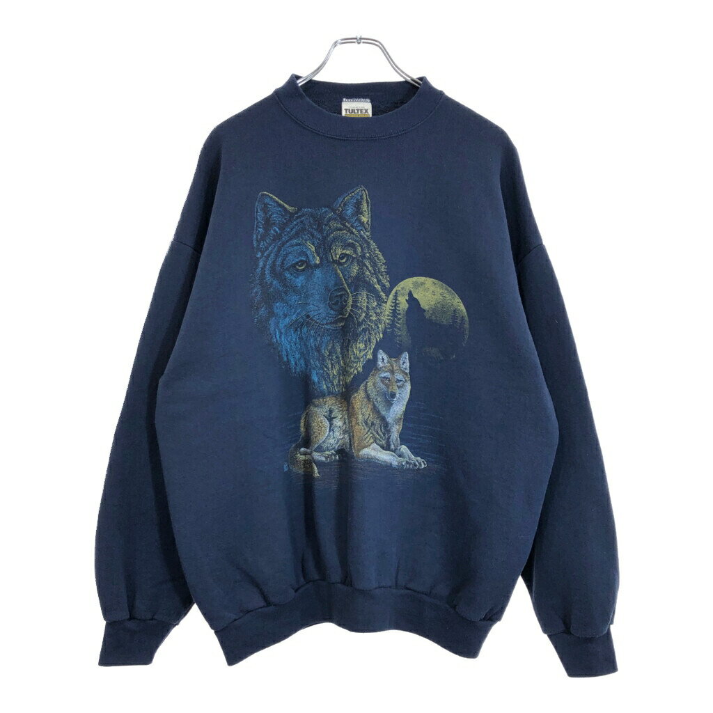 90年代 USA製 TULTEX アニマルプリント オオカミ スウェット ネイビー(メンズ XL)中古 古着 U6306