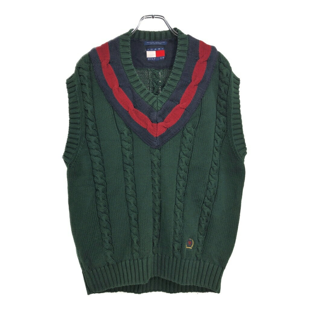 90年代 TOMMY HILFIGER トミーヒルフィガー ケーブルニット コットンベスト グリーン(メンズ XL)中古 ..