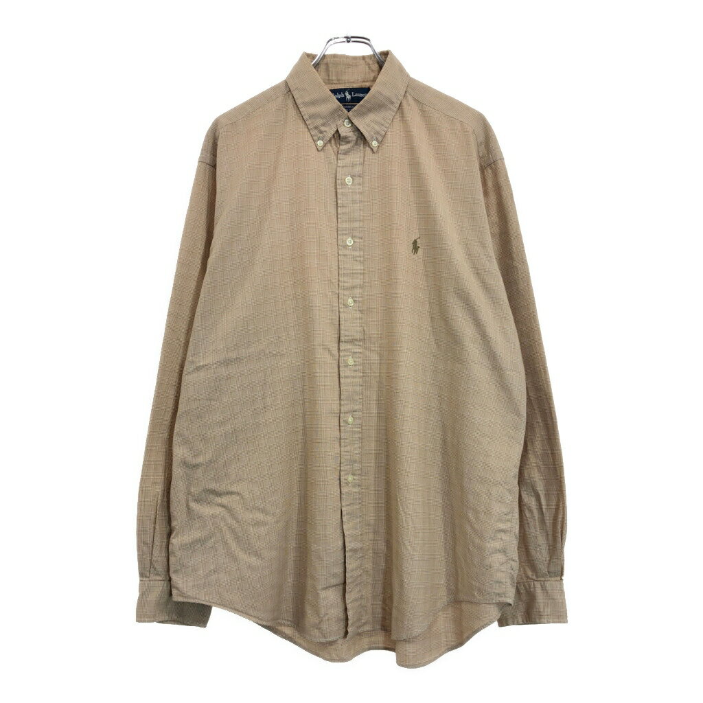 90年代 RALPH LAUREN ラルフローレン YARMOUTH ボタンダウン 長袖シャツ チェック ライトブラウン(メンズ 16 1/2)中古 古着 V1981