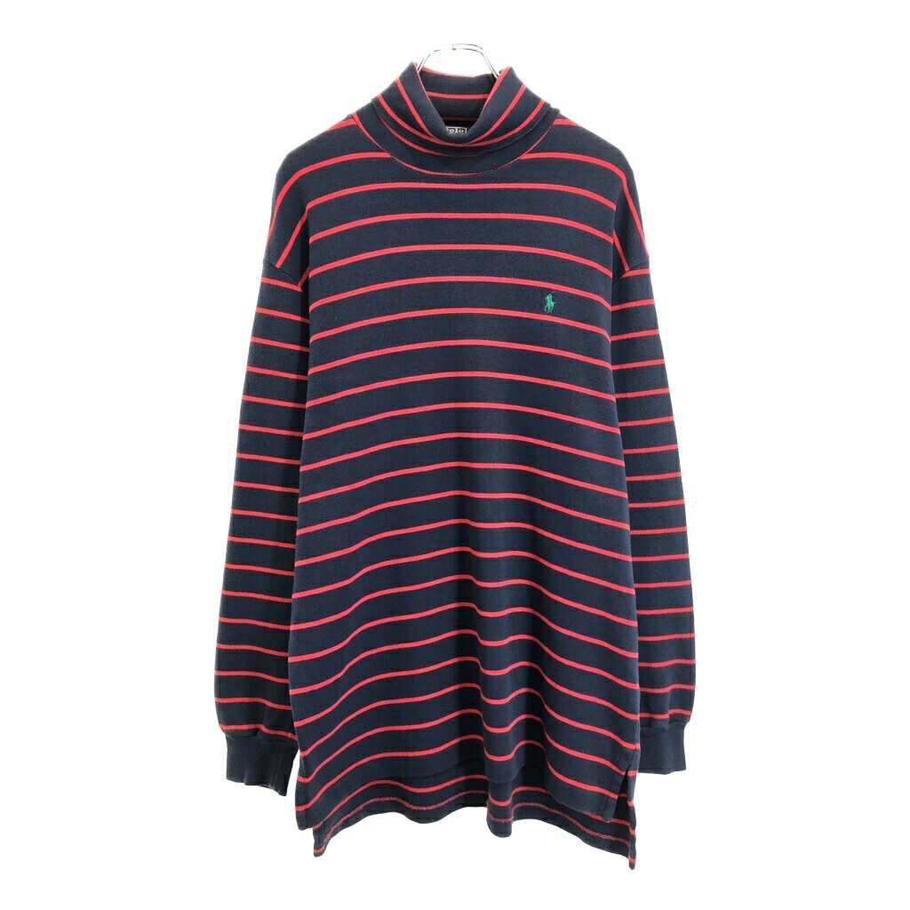 樂天商城 - Polo by Ralph Lauren ポロ ラルフローレン タートルネック ハイゲージニット ボーダーセーター ネイビー(メンズ M)中古 古着 V5652