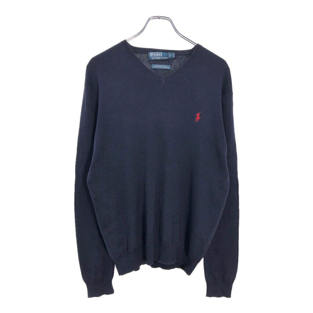 Rakuten - Polo by Ralph Lauren ポロ ラルフローレン Vネック コットンニット セーター ネイビー(メンズ M)中古 古着 V5793