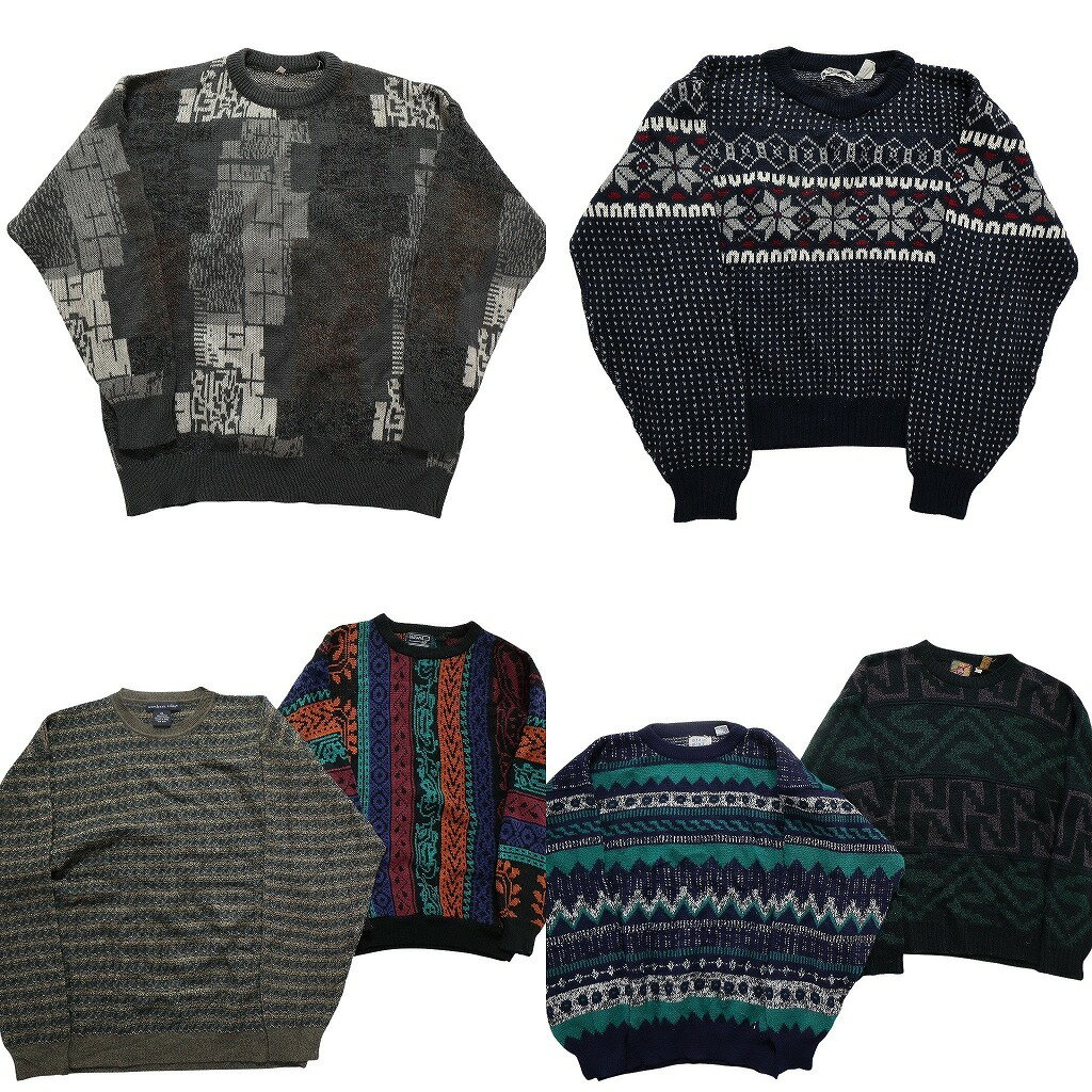 古着卸 まとめ売り 総柄ニット セーター 6枚セット (メンズ L /XL ) ノルディック柄 幾何学模様 マルチカラー 中古 古着 NC3544