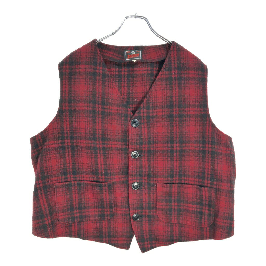 80年代 USA製 JOHNSON WOOLEN MILLS チェックウールベスト トップス レッド(メンズ XL相当)中古 古着 V7634