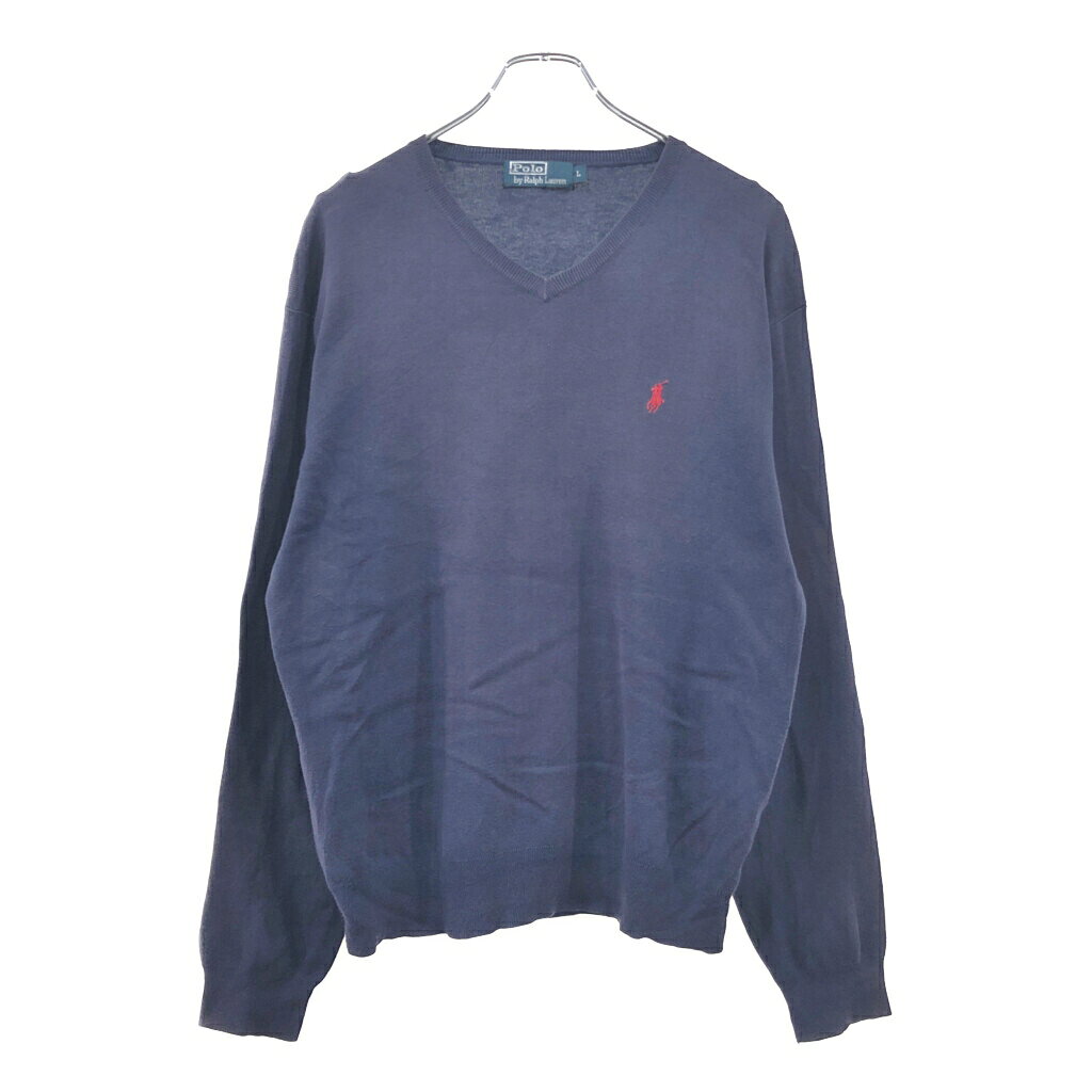 Polo by Ralph Lauren ポロ ラルフローレン Vネック ハイゲージ コットンニットセーター ネイビー(メンズ L)中古 古着 V8030