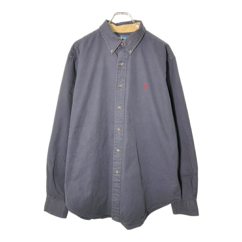 樂天商城 - RALPH LAUREN ラルフローレン ワンポイントロゴ ボタンダウン 長袖シャツ 無地 ネイビー(メンズ XL)中古 古着 V8442