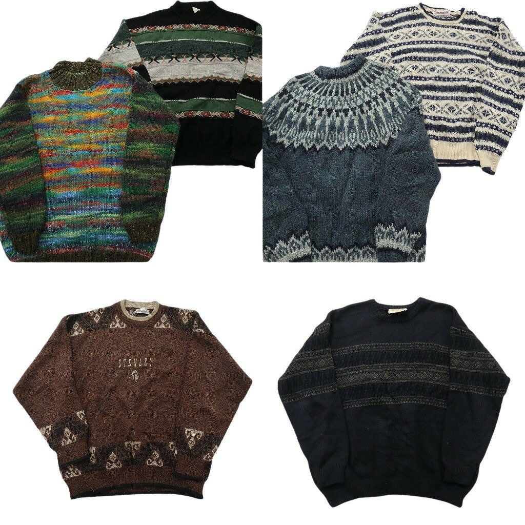 古着卸 まとめ売り 総柄 セーター 6枚セット (メンズ L ) マルチカラー フェアアイル柄 クルーネック 中古 古着 NC7841