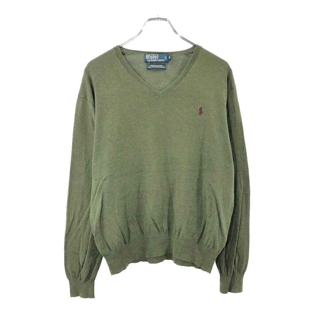 Polo by Ralph Lauren ポロ ラルフローレン ワンポイントロゴ Vネック コットンニットセーター グリーン(メンズ M)中古 古着 V9652