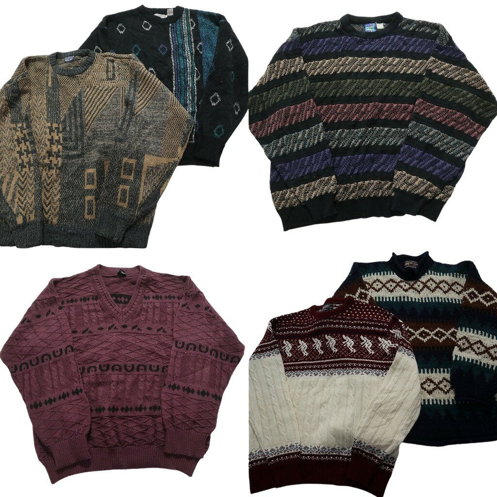 古着卸 まとめ売り 総柄 セーター 6枚セット (メンズ XL ) Vネック クルーネック 幾何学模様 中古 古着 NC9600