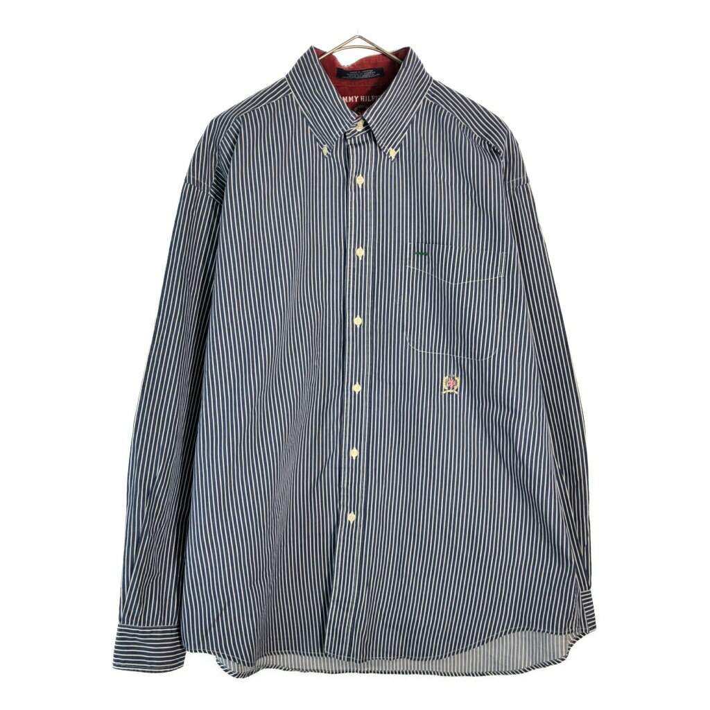 樂天商城 - TOMMY HILFIGER トミーヒルフィガー ボタンダウン 長袖シャツ ストライプ ブルー(メンズ L)中古 古着 X4366