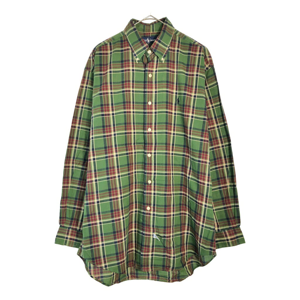 90年代 Polo by Ralph Lauren ポロ ラルフローレン ボタンダウン 長袖シャツ チェック グリーン(メンズ M)中古 古着 X4499